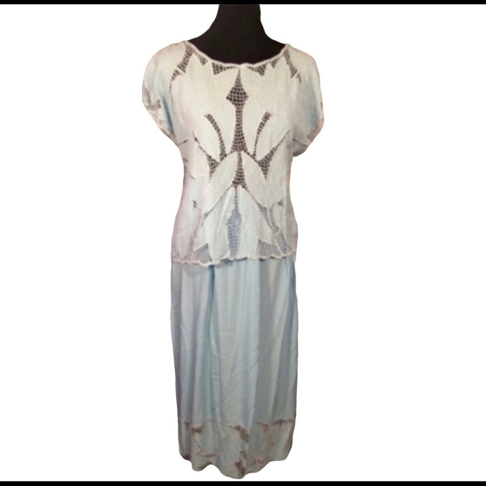I.A.P Light Blue Two Piece Scallop Embroidered Set Skirt & Top NWOT
